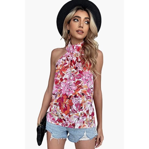 Pink Floral Printed High Neck Halter Sleeveless Keyhole Tank Top Blouse - Picture 7 of 7